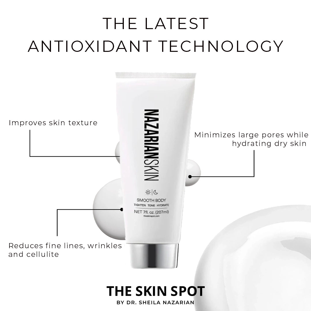 NazarianSkin Smooth Body Lotion firms skin, reduces fine lines, and improves elasticity with retinol and antioxidants.