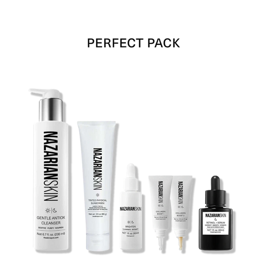 NazarianSkin Starter Regimen set with cleanser, sunscreen, Brighten serum, collagen boosters and retinol serum.