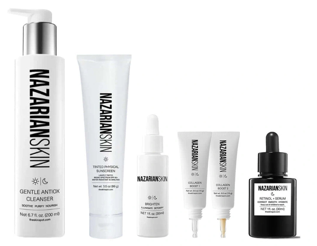 NazarianSkin starter regimen skincare kit with cleanser retinol serum peptides and sunscreen for healthy hydrated skin