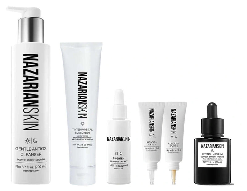 NazarianSkin starter regimen skincare kit with cleanser retinol serum peptides and sunscreen for healthy hydrated skin