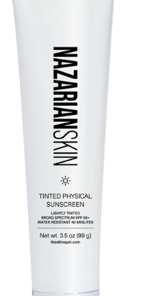 NazarianSkin tinted physical sunscreen SPF50 bottle with zinc oxide mineral protection and light tint for daily sun care use