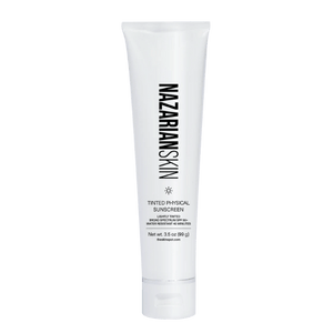 NazarianSkin tinted physical sunscreen SPF 50 with zinc oxide provides mineral UV protection while evening skin tone