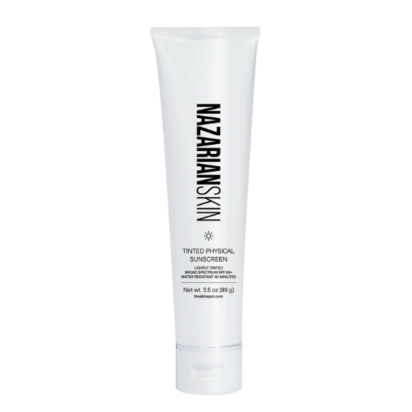 NazarianSkin tinted physical sunscreen SPF 50 with zinc oxide provides mineral UV protection while evening skin tone