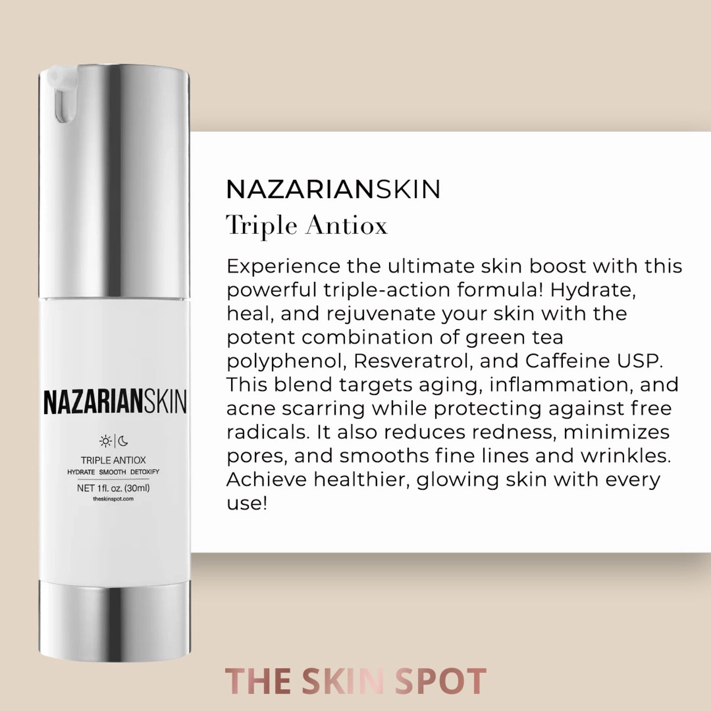 NazarianSkin Triple AntiOx Resveratrol Hydrating Cream hydrates, reduces redness, and smooths fine lines with Green Tea, Resveratrol, and Caffeine.