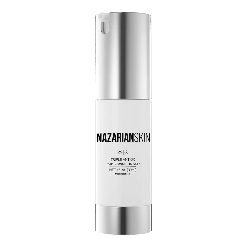 NazarianSkin Triple Antiox serum with resveratrol and vitamins C and E helps protect skin from environmental damage