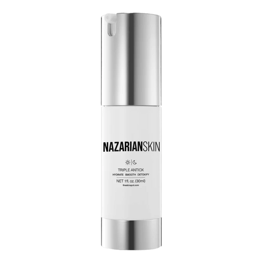 NazarianSkin Triple Antiox serum with resveratrol and vitamins C and E helps protect skin from environmental damage