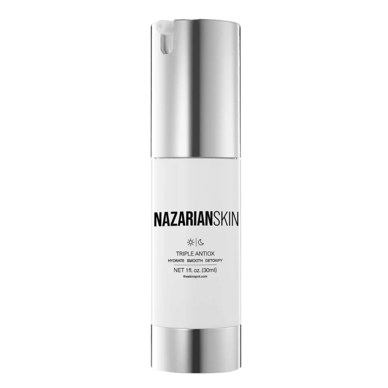 NazarianSkin Triple Antiox serum with resveratrol and vitamins C and E helps protect skin from environmental damage