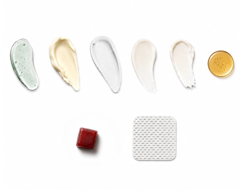 NazarianSkin Weight Loss Regimen texture swatches with serum, cream, cleanser, gummy, and VitriPatch supplement patch image.