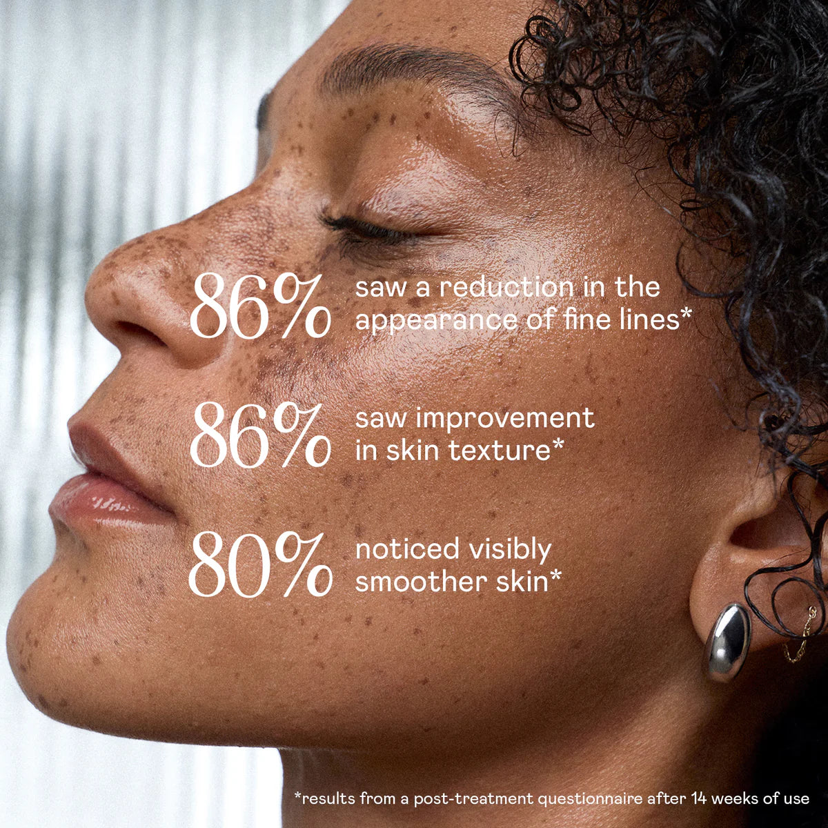 NuFACE FIX Serum clinical graphic shows 86% fine line reduction, 86% texture improvement, and 80% visibly smoother skin use.