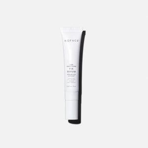 NuFACE FIX Serum white tube with IonPlex, hyaluronic acid, and peptides for smoothing expression lines and brightening skin.