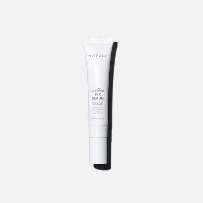 NuFACE FIX Serum white tube with IonPlex, hyaluronic acid, and peptides for smoothing expression lines and brightening skin.