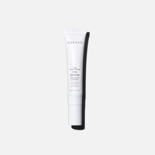 NuFACE FIX Serum white tube with IonPlex, hyaluronic acid, and peptides for smoothing expression lines and brightening skin.