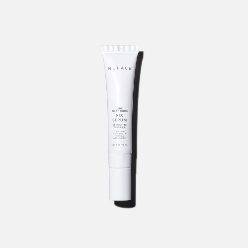 NuFACE FIX Serum white tube with IonPlex, hyaluronic acid, and peptides for smoothing expression lines and brightening skin.