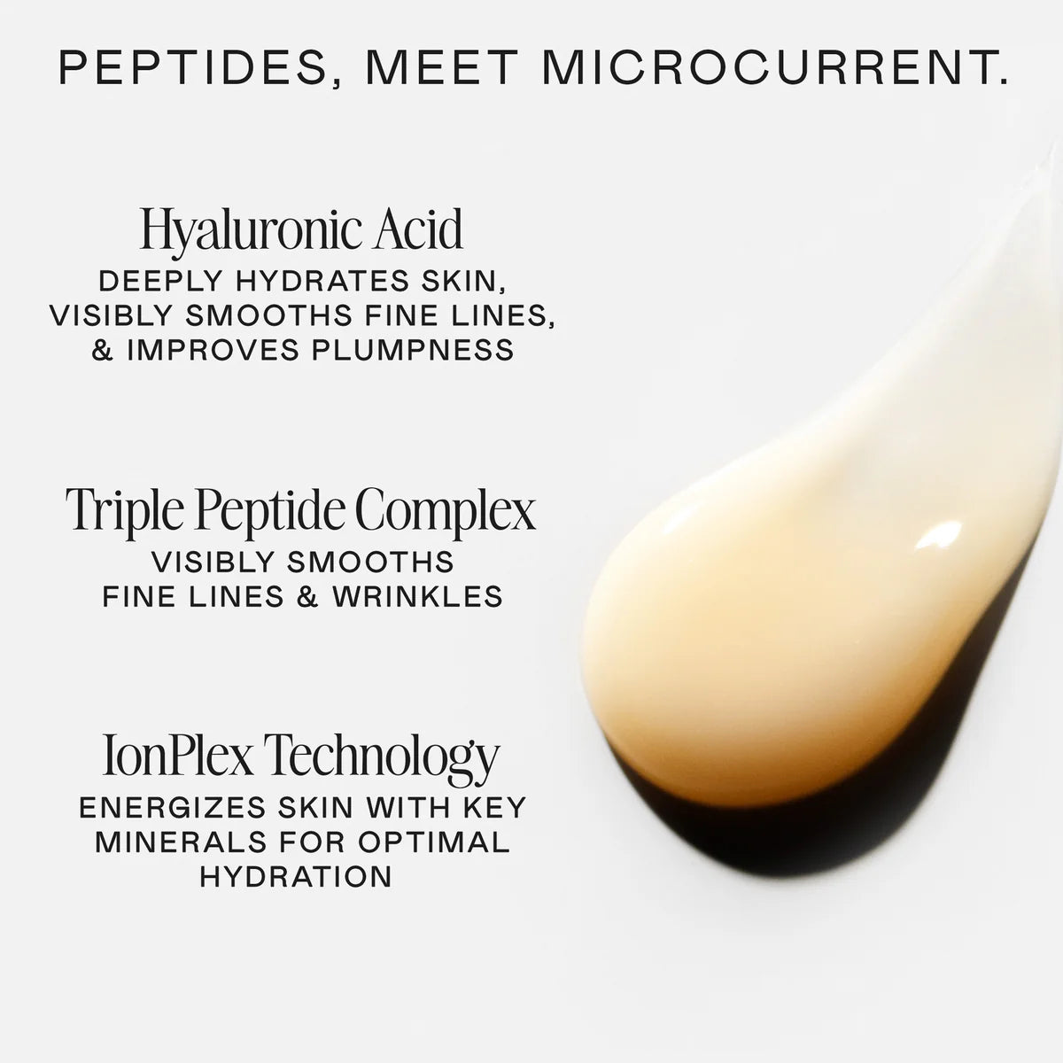 NuFACE FIX Serum ingredient graphic highlights hyaluronic acid, peptides, and IonPlex for fine lines and hydrated skin care.