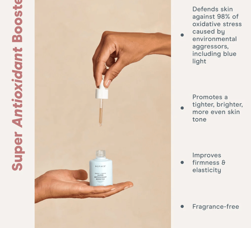 NuFACE Super Antioxidant Booster Serum graphic shows dropper, blue light defense, tighter tone, and fragrance-free care use.