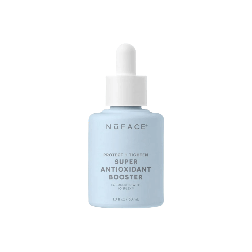 NuFACE Super Antioxidant Booster Serum bottle with IonPlex, green tea, and superfruit blend for blue light defense care use.