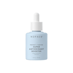 NuFACE Super Antioxidant Booster Serum bottle with IonPlex, green tea, and superfruit blend for blue light defense care use.