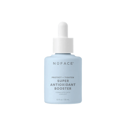 NuFACE Super Antioxidant Booster Serum bottle with IonPlex, green tea, and superfruit blend for blue light defense care use.