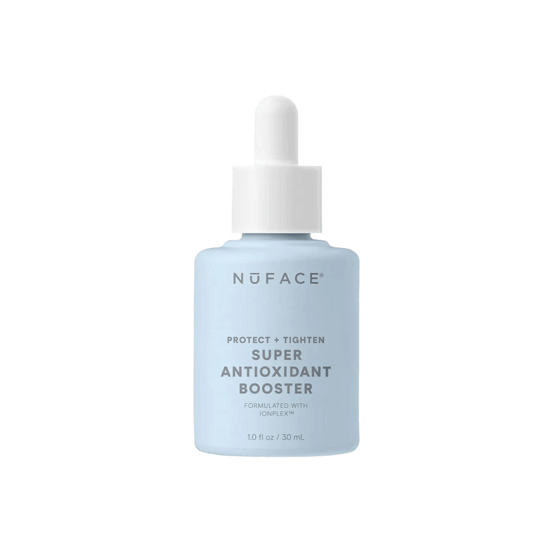 NuFACE Super Antioxidant Booster Serum bottle with IonPlex, green tea, and superfruit blend for blue light defense care use.
