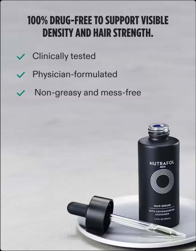Nutrafol Hair Growth Serum graphic shows drug-free formula, non-greasy texture, visible density, and hair strength support..