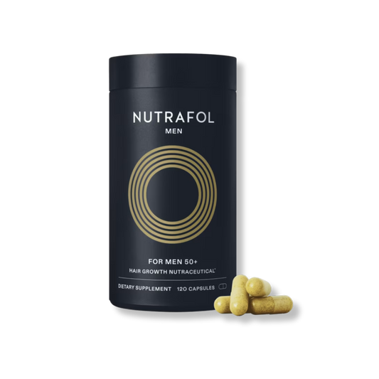 Nutrafol Men 50+ hair growth nutraceutical bottle, 120 capsules, with capsules shown beside it