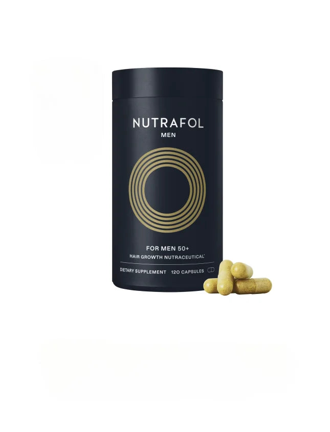 Nutrafol Men 50+ hair growth nutraceutical bottle, 120 capsules, with capsules shown beside it