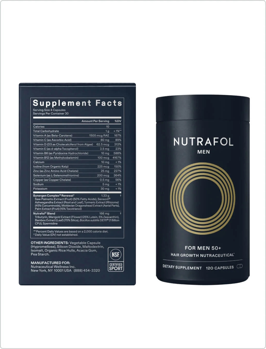 Nutrafol Men 50+ hair growth supplement facts panel beside the 120-capsule bottle