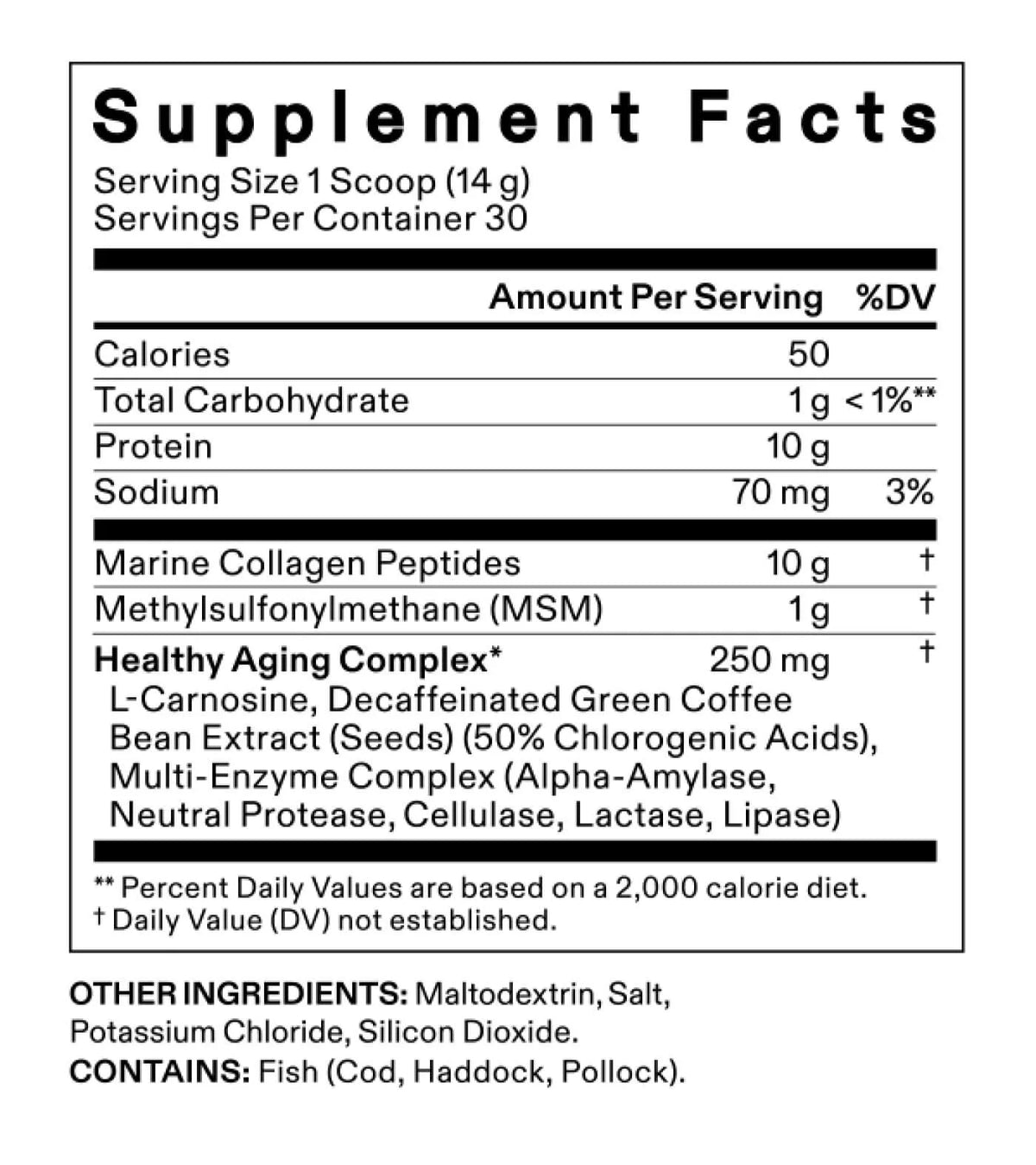 Nutrafol Strength Collagen supplement facts — 10g marine collagen peptides, MSM, and Healthy Aging Complex per scoop serving