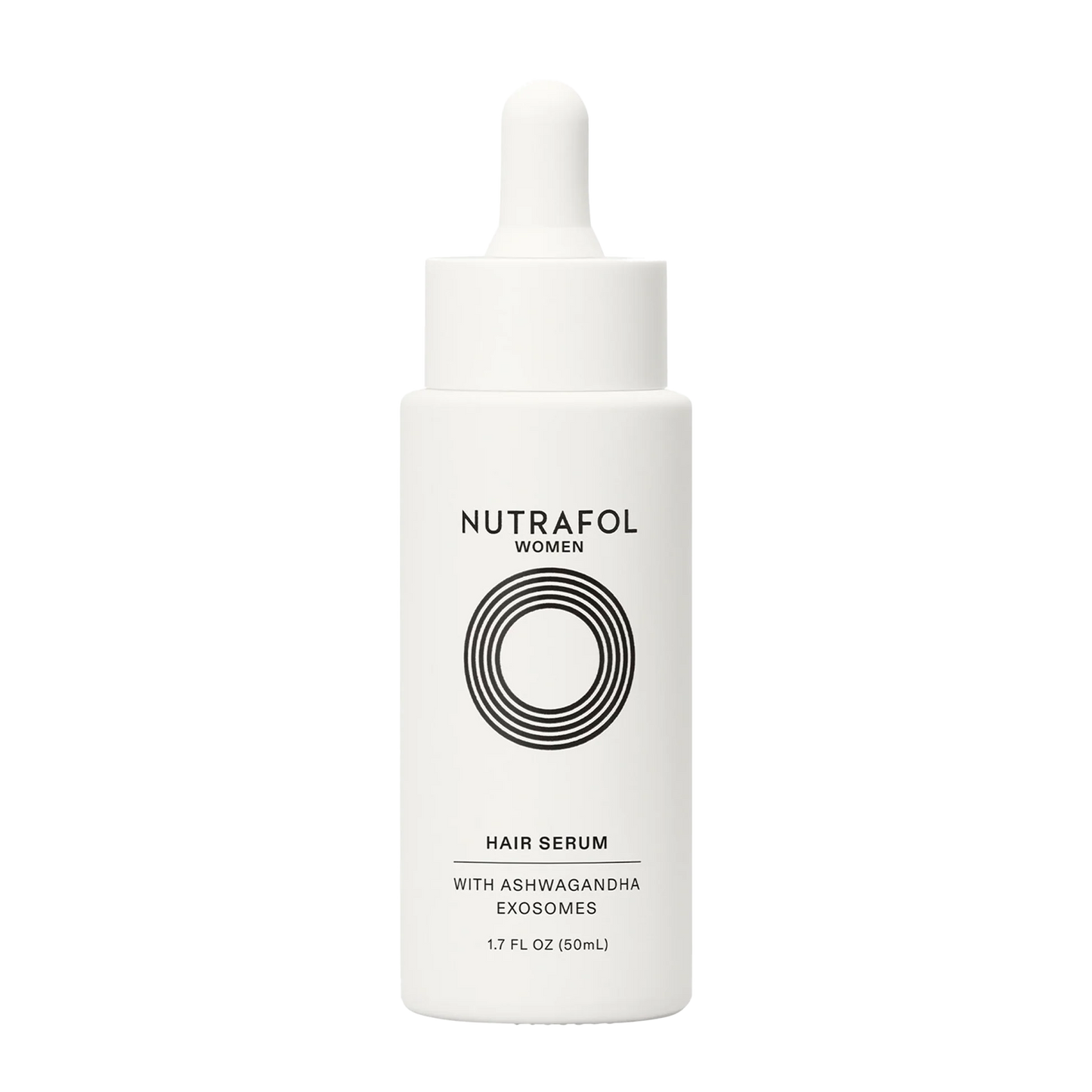 Nutrafol Women's Hair Growth Serum bottle with ashwagandha exosomes to nourish scalp and support thicker, stronger hair use.