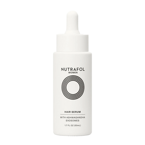 Nutrafol Women's Hair Growth Serum bottle with ashwagandha exosomes to nourish scalp and support thicker, stronger hair use.