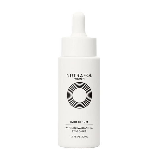 Nutrafol Women's Hair Growth Serum bottle with ashwagandha exosomes to nourish scalp and support thicker, stronger hair use.