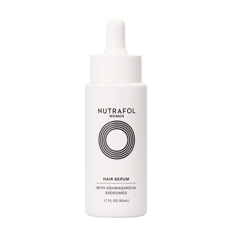 Nutrafol Women's Hair Growth Serum bottle with ashwagandha exosomes to nourish scalp and support thicker, stronger hair use.