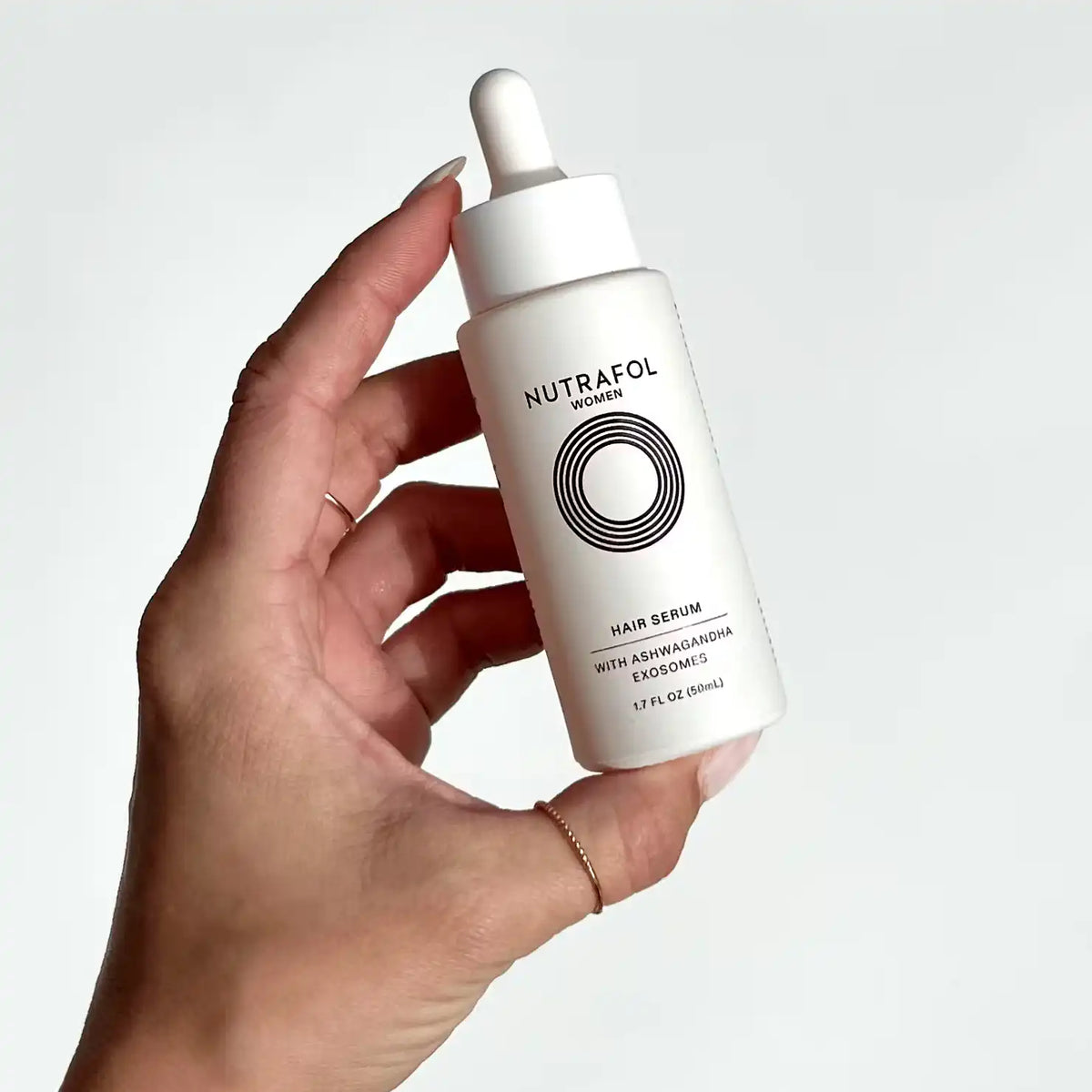 Nutrafol Women's Hair Growth Serum bottle in hand shows ashwagandha exosomes for thicker strands and scalp nourishment today