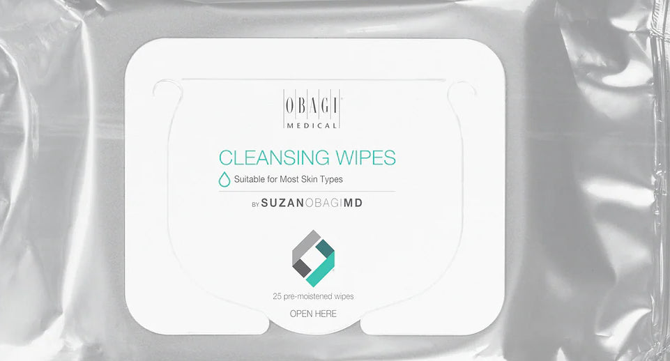 Close-up Obagi Cleansing Wipes pack shows soft pre-moistened aloe wipes for makeup removal, excess oil, sensitive skin uses.