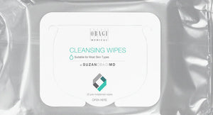 Close-up Obagi Cleansing Wipes pack shows soft pre-moistened aloe wipes for makeup removal, excess oil, sensitive skin uses.