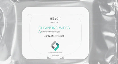 Close-up Obagi Cleansing Wipes pack shows soft pre-moistened aloe wipes for makeup removal, excess oil, sensitive skin uses.