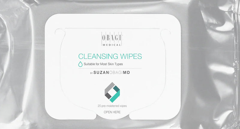 Close-up Obagi Cleansing Wipes pack shows soft pre-moistened aloe wipes for makeup removal, excess oil, sensitive skin uses.