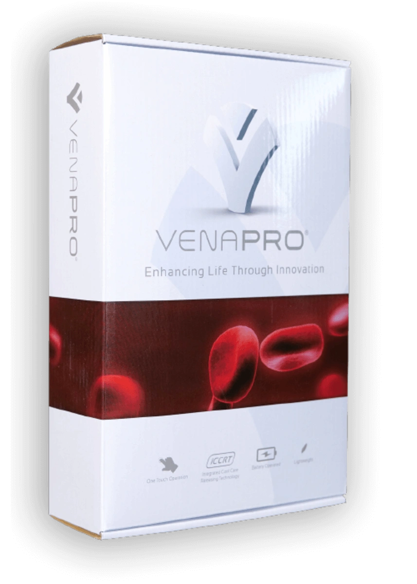 Ortho8 VenaPro box shows portable compression device for calf circulation, DVT prevention, swelling, and recovery care uses.
