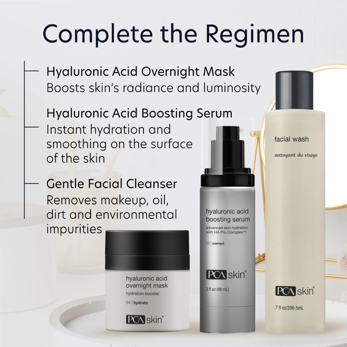 PCA Hyaluronic Acid Overnight Mask completes a PCA Skin routine with cleanser and hyaluronic acid boosting serum care.