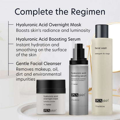 PCA Hyaluronic Acid Overnight Mask completes a PCA Skin routine with cleanser and hyaluronic acid boosting serum care.