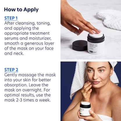 PCA Hyaluronic Acid Overnight Mask directions show how to apply after cleansing, toning, serum, and moisturizer routine.