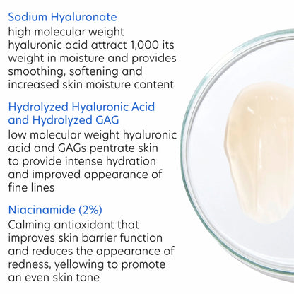 PCA Hyaluronic Acid Overnight Mask uses sodium hyaluronate, hyaluronic acid, GAGs, and niacinamide for skin moisture.