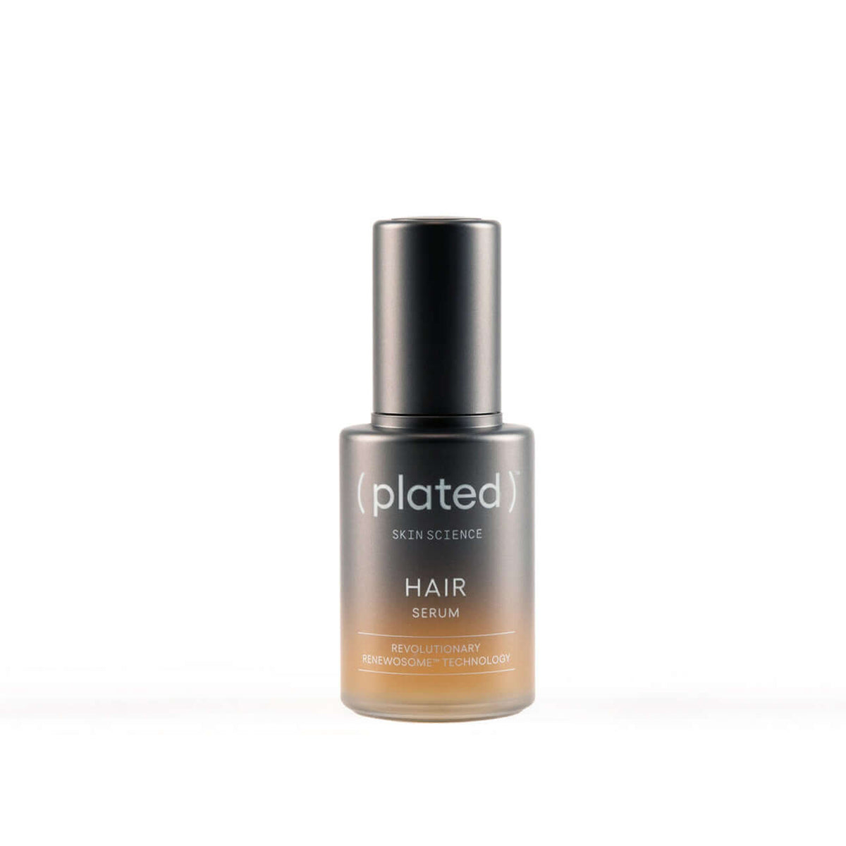 ( plated ) HAIR Serum bottle shows platelet-derived Renewosome technology to reduce breakage and boost fuller hair look use.