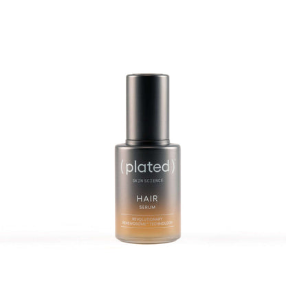 ( plated ) HAIR Serum bottle shows platelet-derived Renewosome technology to reduce breakage and boost fuller hair look use.