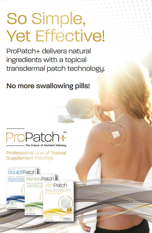 ProPatch vitamin patch system shown with patch on skin and three products for energy skin and body support