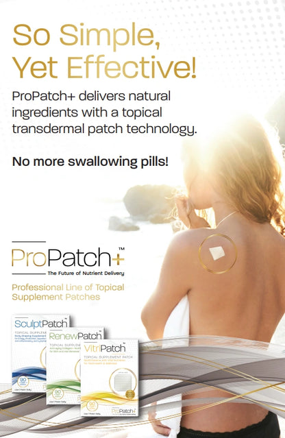 ProPatch vitamin patch system shown with patch on skin and three products for energy skin and body support