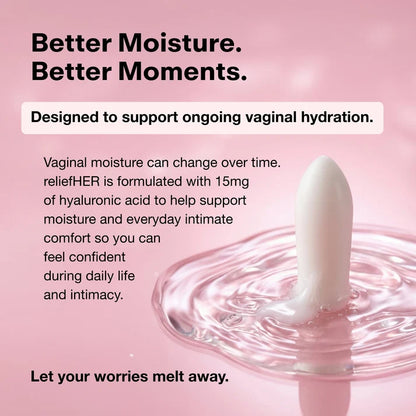 reliefHER vaginal melt dissolving naturally with body heat, plant-based coconut oil and cocoa butter formula