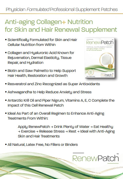 RenewPatch anti aging patch infographic showing benefits ingredients and nutrition support for skin and hair renewal