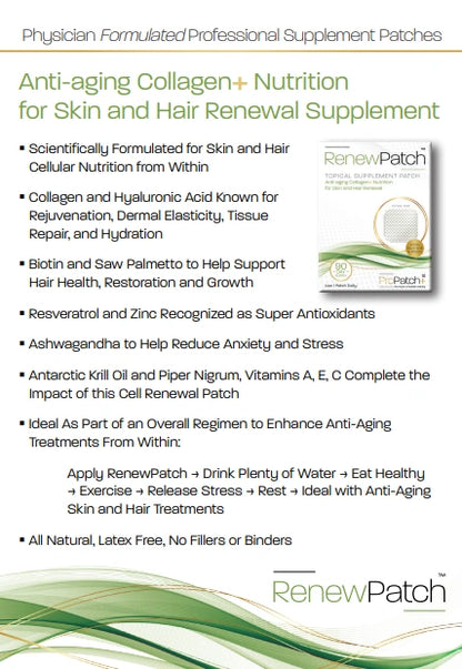 RenewPatch anti aging patch infographic showing benefits ingredients and nutrition support for skin and hair renewal