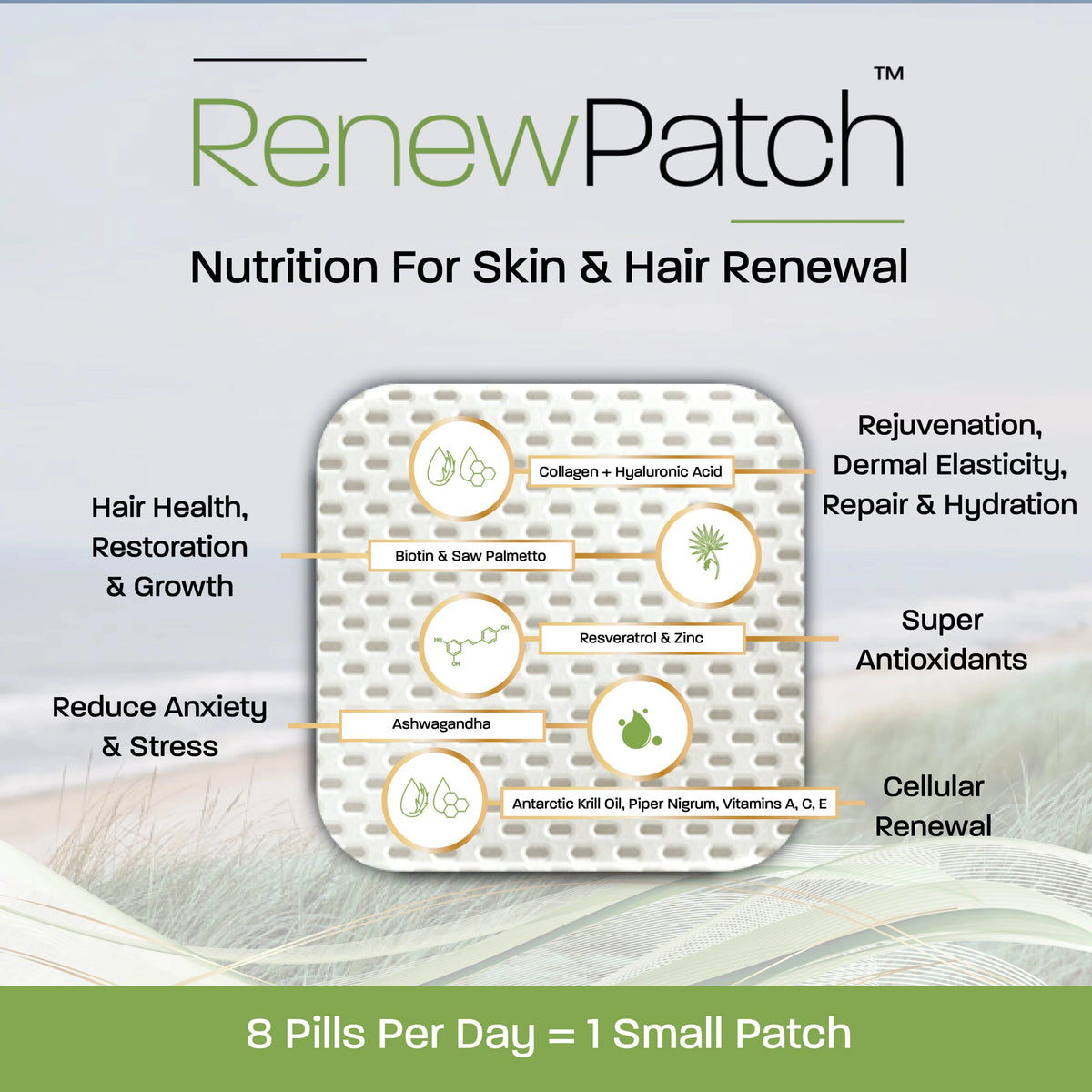 RenewPatch patch showing key ingredients and benefits for skin renewal & hair growth and overall wellness support